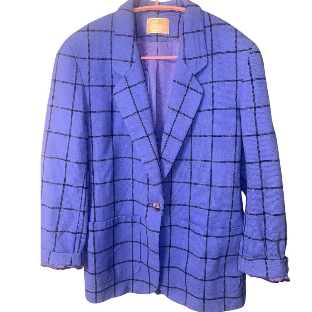 Vintage Pendleton Blue Windowpane 100% Wool Blazer Made USA Medium/Large